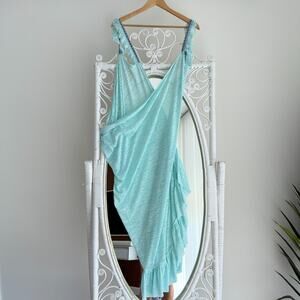 Pitusa Wrap Dress Petite Light Blue Crossover Coverup Ruffle Midi Resort Beach